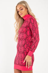 Fuchsia Snake Print Roll Neck Mini Dress - Azani-Dresses