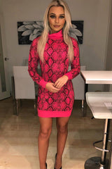 Fuchsia Snake Print Roll Neck Mini Dress - Azani-Dresses