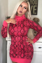 Fuchsia Snake Print Roll Neck Mini Dress - Azani-Dresses