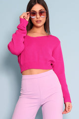 Fuchsia V Neck Off Shoulder Knitted Cropped Jumper - Kirby-Crop Jumper