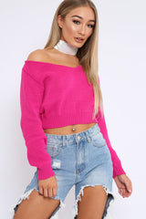 Fuchsia V Neck Off Shoulder Knitted Cropped Jumper - Kirby-Crop Jumper