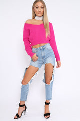 Fuchsia V Neck Off Shoulder Knitted Cropped Jumper - Kirby-Crop Jumper