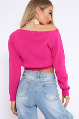 Fuchsia V Neck Off Shoulder Knitted Cropped Jumper - Kirby-Crop Jumper