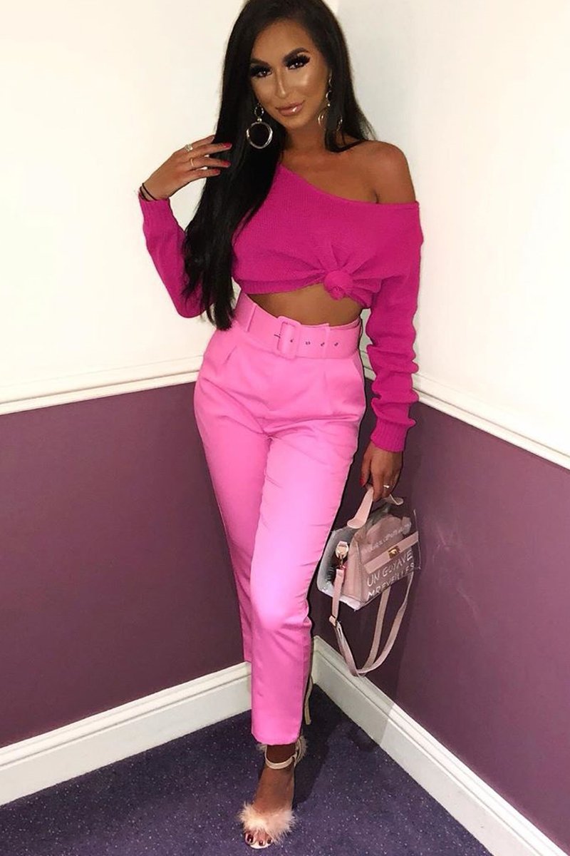 Fuchsia V Neck Off Shoulder Knitted Cropped Jumper - Kirby-Crop Jumper