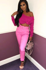 Fuchsia V Neck Off Shoulder Knitted Cropped Jumper - Kirby-Crop Jumper