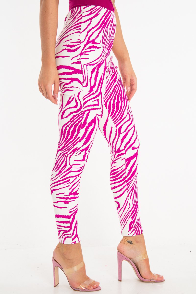 Fuchsia White Animal Print Faux Leather Leggings - Quinn-Trousers