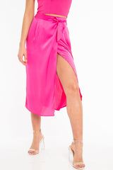 Fuchsia Wrap Tie Side Satin Midi Skirt - Mailah-Skirts