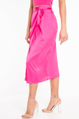 Fuchsia Wrap Tie Side Satin Midi Skirt - Mailah-Skirts