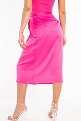 Fuchsia Wrap Tie Side Satin Midi Skirt - Mailah-Skirts