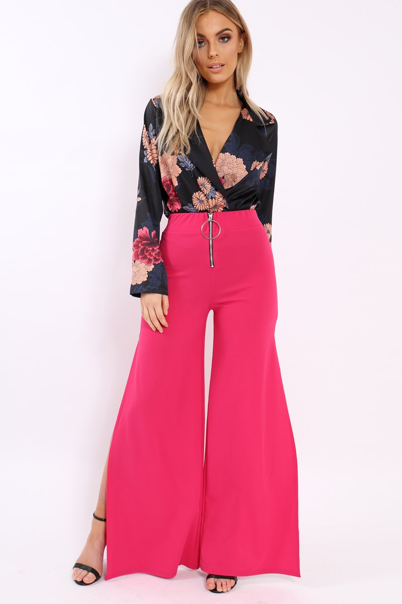 Fuchsia Zip Front High Waisted Flare Trousers - Gerta-Trousers