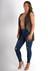Gabbi Khaki Suede Tassel Waistcoat-Coats