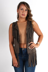 Gabbi Khaki Suede Tassel Waistcoat-Coats