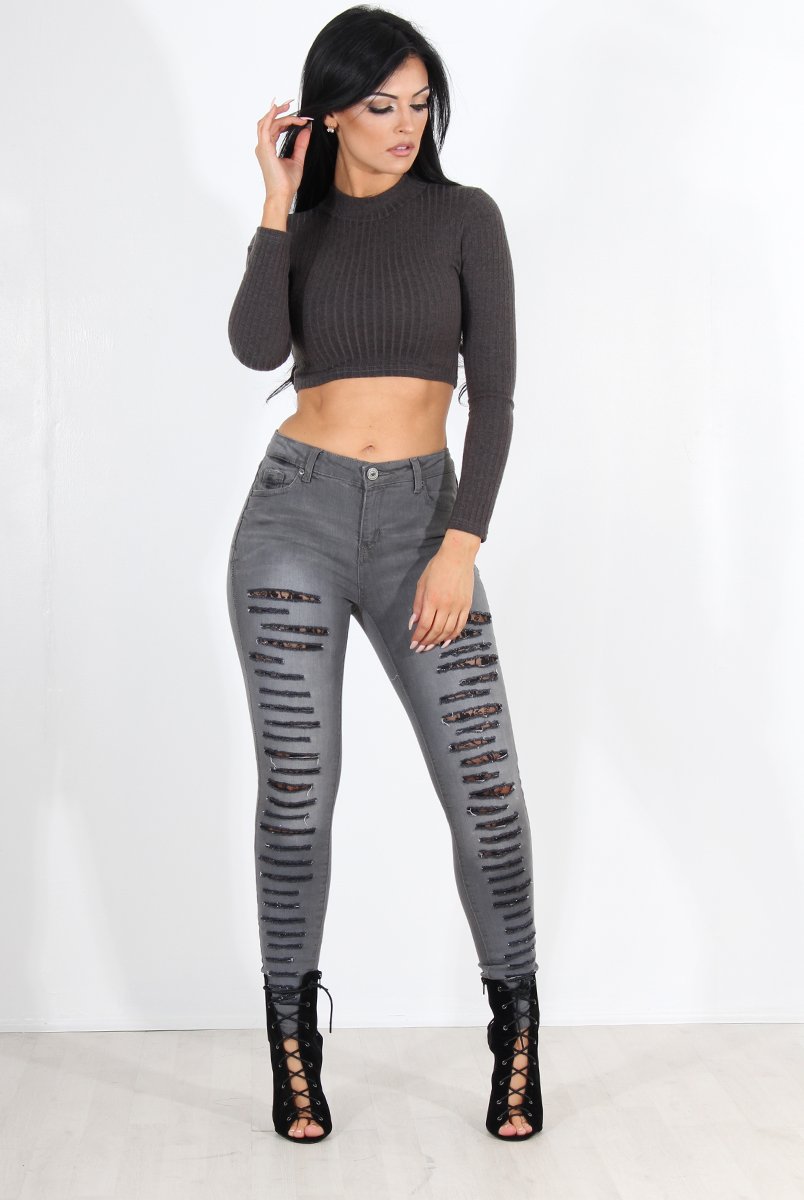 Gabby Grey Ripped Knee Skinny Jeans-Jeans