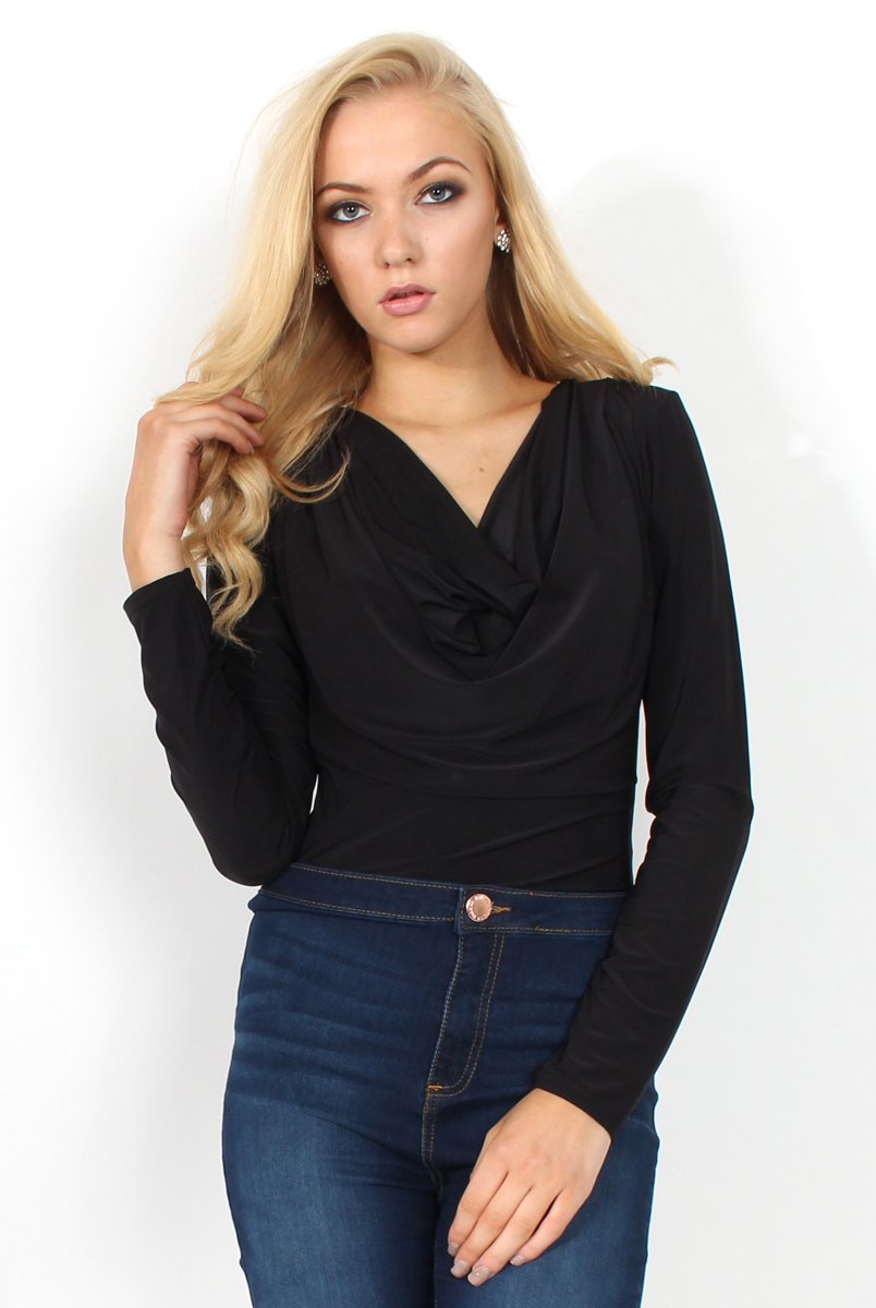 Gabriella Black Cowl Neck Bodysuit-Bodysuits