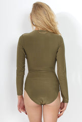 Gabriella Khaki Cowl Neck Bodysuit-Bodysuits