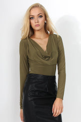 Gabriella Khaki Cowl Neck Bodysuit-Bodysuits