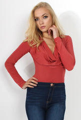Gabriella Rust Cowl Neck Bodysuit-Bodysuits