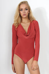Gabriella Rust Cowl Neck Bodysuit-Bodysuits