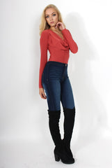 Gabriella Rust Cowl Neck Bodysuit-Bodysuits