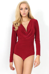 Gabriella Wine Cowl Neck Bodysuit-Bodysuits