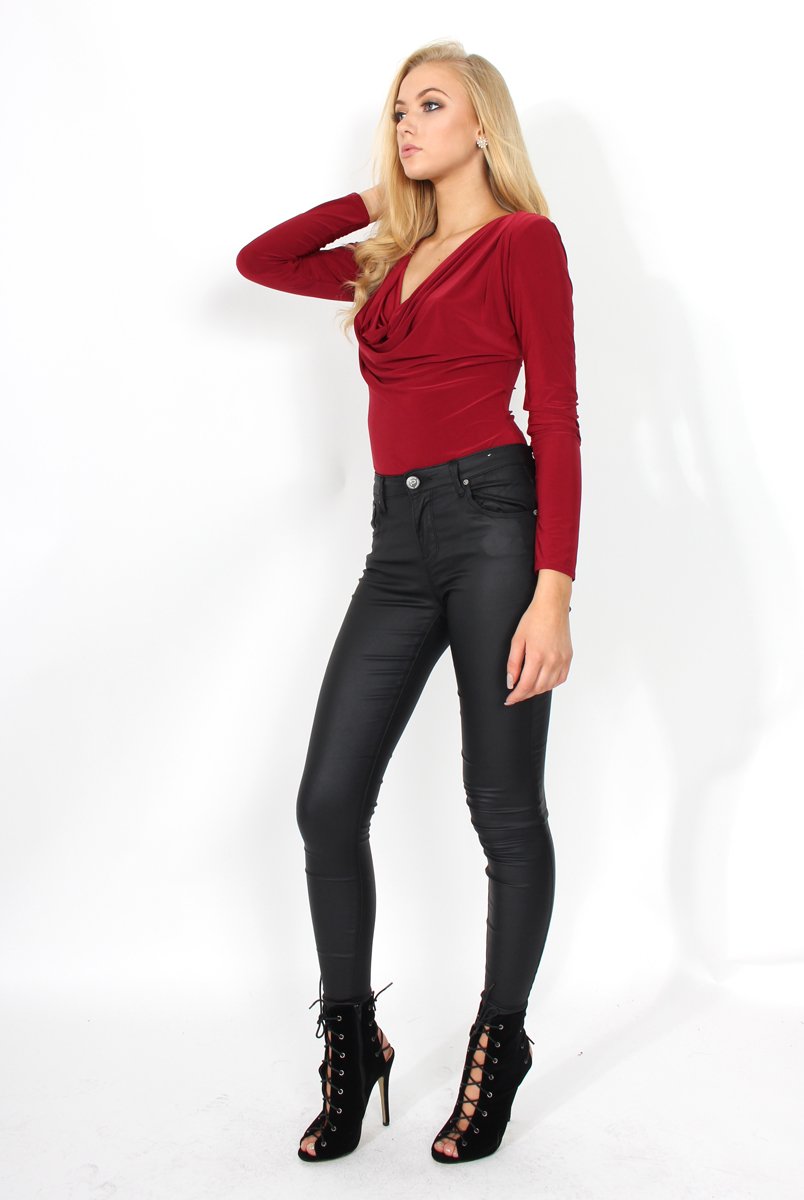 Gabriella Wine Cowl Neck Bodysuit-Bodysuits