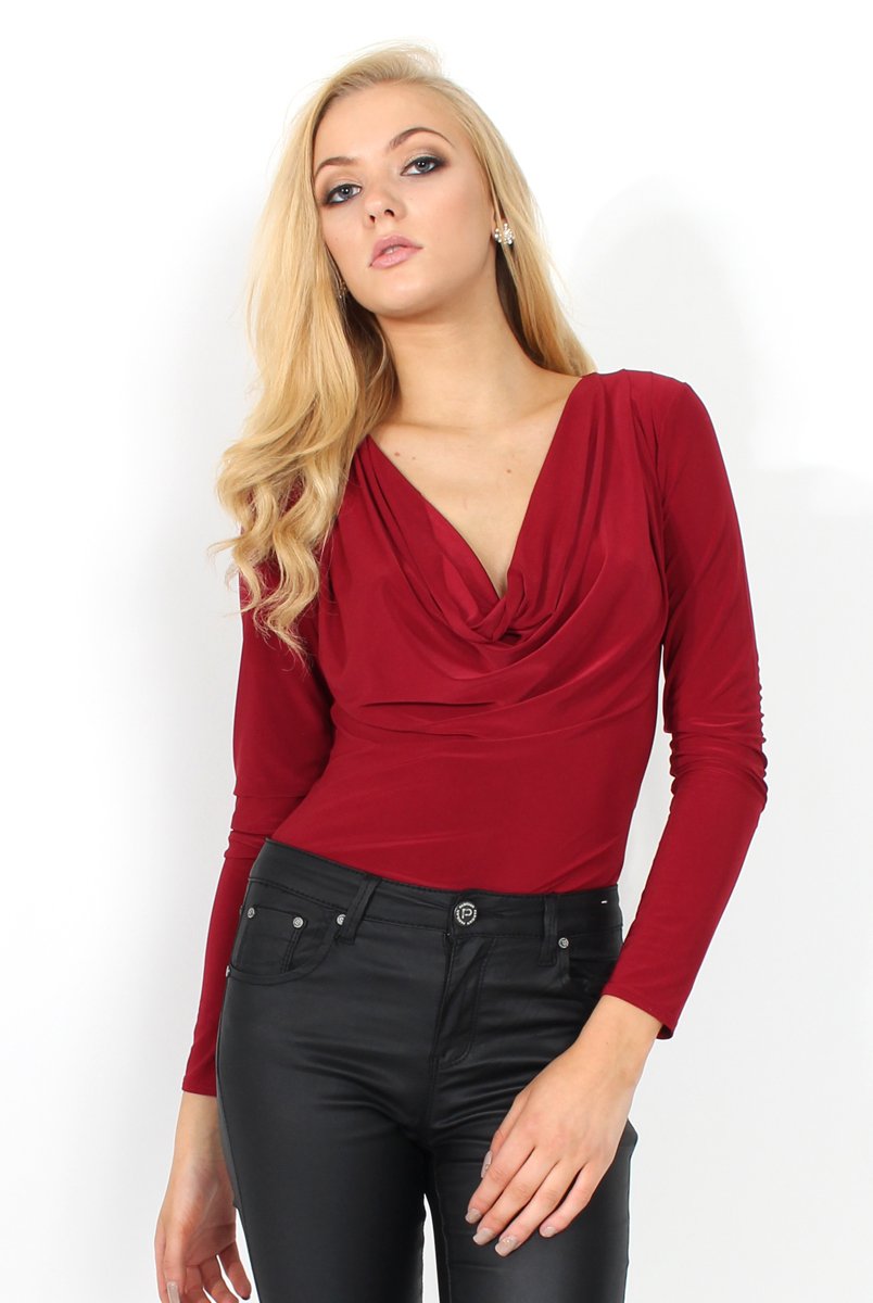 Gabriella Wine Cowl Neck Bodysuit-Bodysuits
