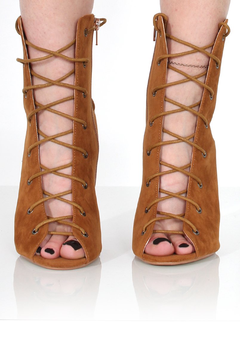 Georgia Tan Peep Toe Lace Up Heels-Heels