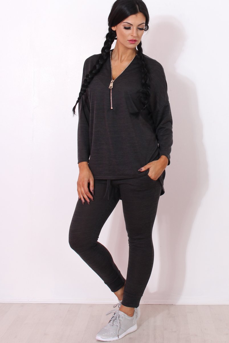 Gerlie Dark Grey V Neck Loungewear-Loungewear