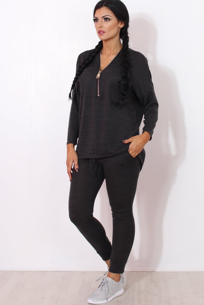 Gerlie Dark Grey V Neck Loungewear-Loungewear