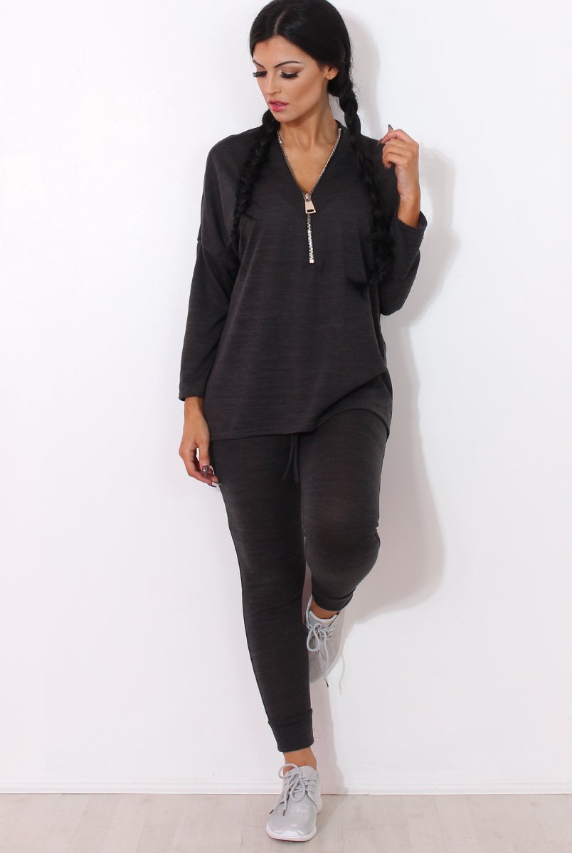 Gerlie Dark Grey V Neck Loungewear-Loungewear