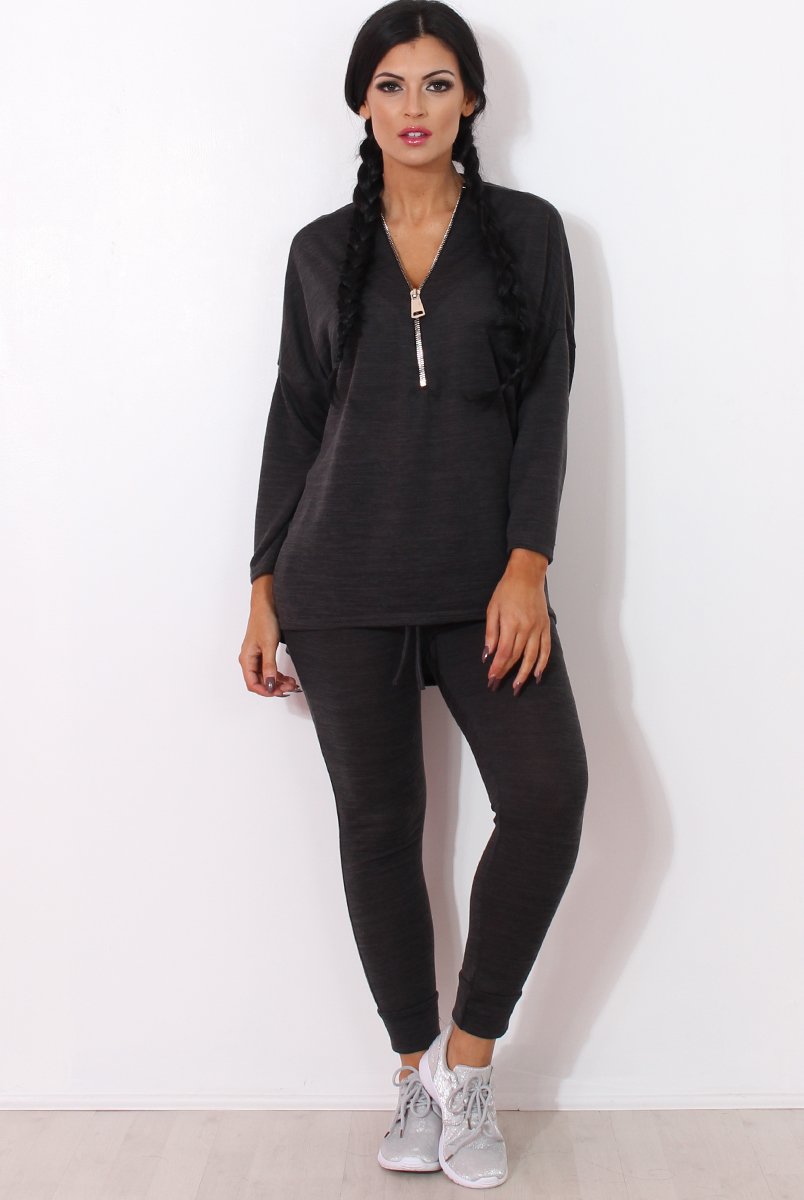 Gerlie Dark Grey V Neck Loungewear-Loungewear