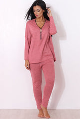 Gerlie Mauve V Neck Loungewear Set-Loungewear
