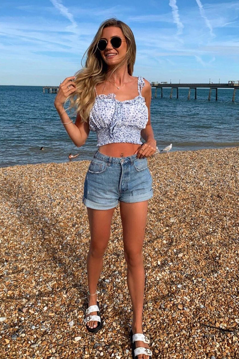 Blue Floral Print Shirred Cropped Top - Gill