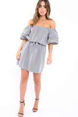 Gingham Bardot Dress with Ruffled Sleeves - Breena-Dresses