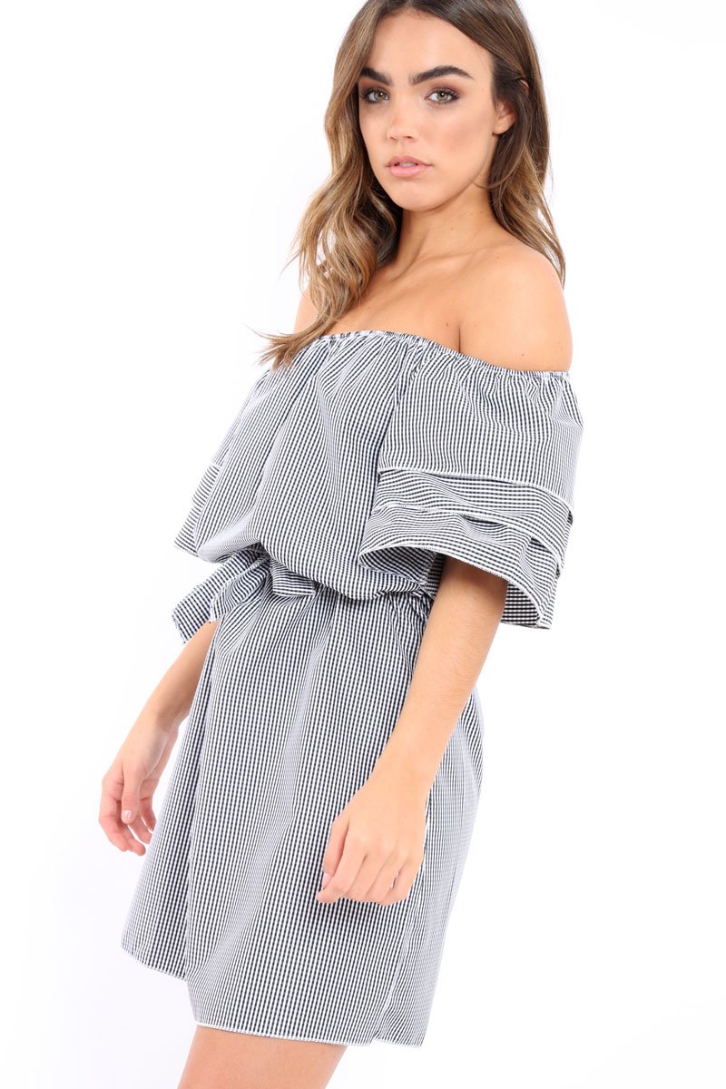 Gingham Bardot Dress with Ruffled Sleeves - Breena-Dresses
