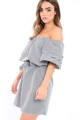 Gingham Bardot Dress with Ruffled Sleeves - Breena-Dresses