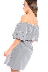 Gingham Bardot Dress with Ruffled Sleeves - Breena-Dresses