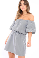 Gingham Bardot Dress with Ruffled Sleeves - Breena-Dresses