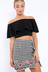 Gingham Lace up Skirt with Floral Embroidery - Juliet-Skirts