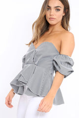 Gingham Sweet Heart Bardot Top with Ruched Sleeves - Kadisha-Tops