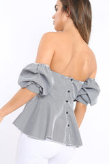 Gingham Sweet Heart Bardot Top with Ruched Sleeves - Kadisha-Tops
