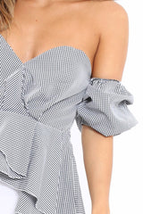 Gingham Sweet Heart Bardot Top with Ruched Sleeves - Kadisha-Tops