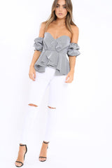 Gingham Sweet Heart Bardot Top with Ruched Sleeves - Kadisha-Tops