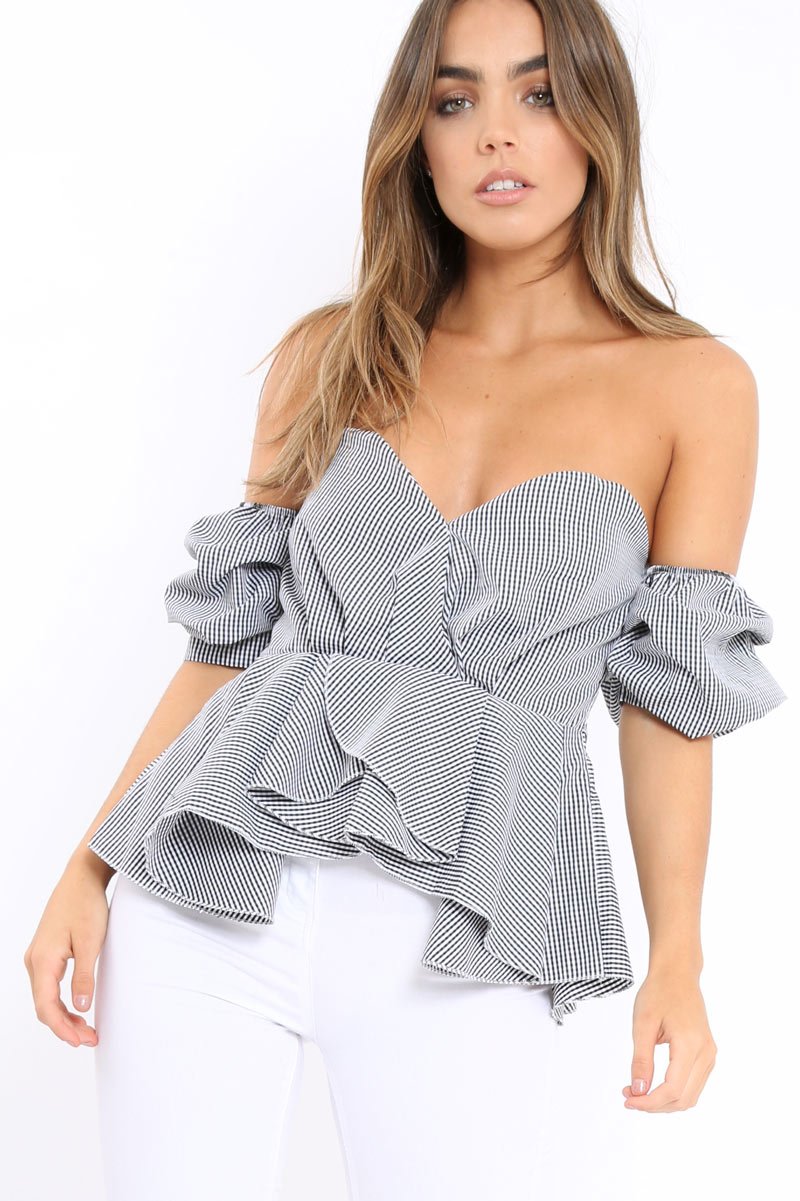 Gingham Sweet Heart Bardot Top with Ruched Sleeves - Kadisha-Tops