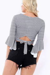 Gingham Wrap Bell Sleeve Crop Top - Aria-Crop Tops