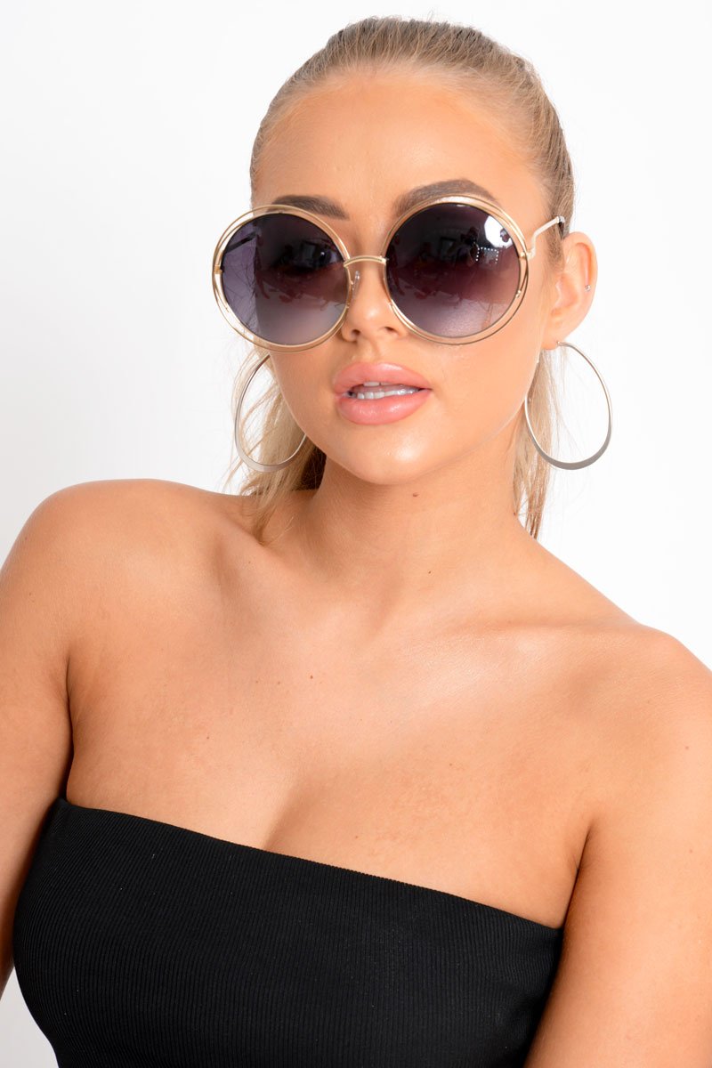 Gold And Black Oversized Round Frame Sunglasses Rebellious Fashion 