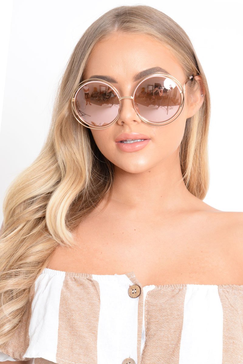 Gold And Pink Oversized Round Frame Sunglasses - Stacy-Sunglasses