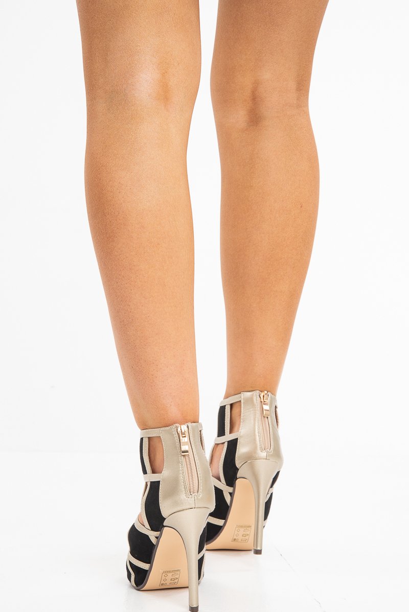 Gold Black Caged Stiletto Heeled Shoe Boot - Harmoney-Heels