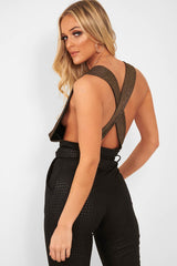 Gold Black Plunge Cross Back Bodysuit - Jolina-Bodysuits