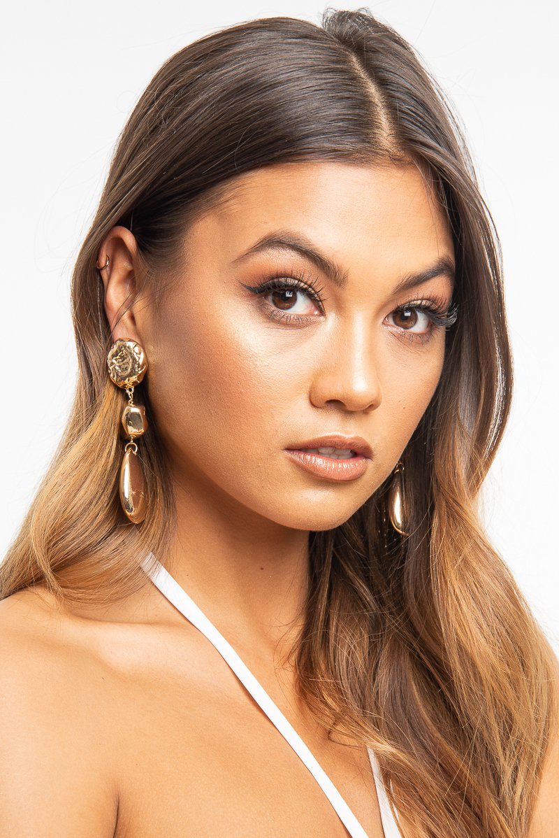 Gold Chunky 3 Drop Stone Earrings - Annalaya-Jewellery